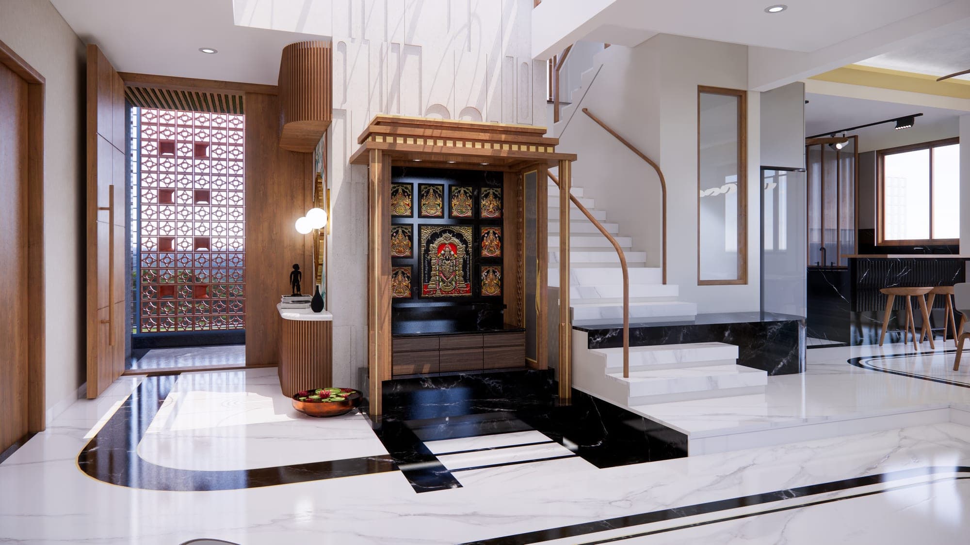 Entrance foyer with a crafted timber mandir, marble flooring and sculptural staircase